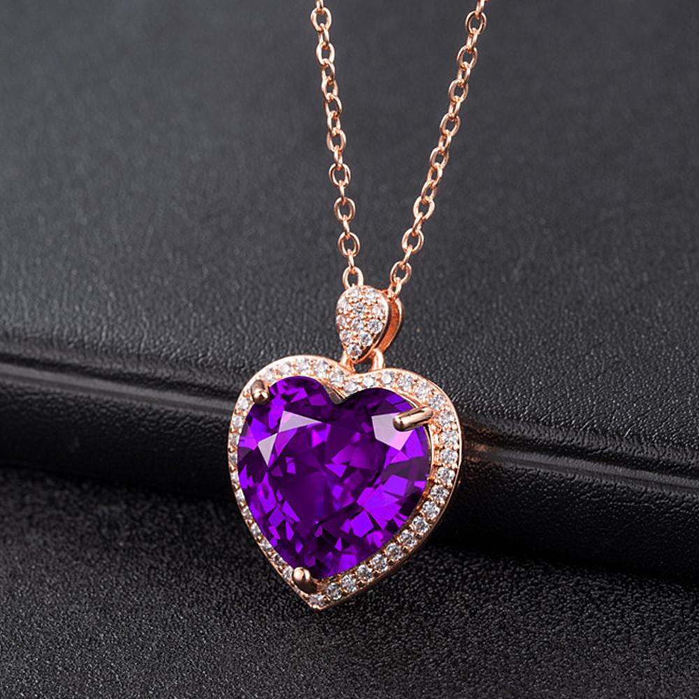 Purple Crystal Amethyst Gemstones Diamonds Heart Pendant Necklaces for Women Rose Gold Filled Jewelry Gifts New