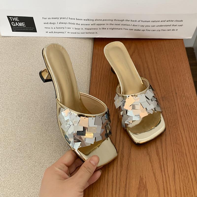 2024 High Quality Women's Shoes Shallow Women's Slippers Fashion Sequins Modem Slippers New Square Toe Heels Women Zapatos Mujer