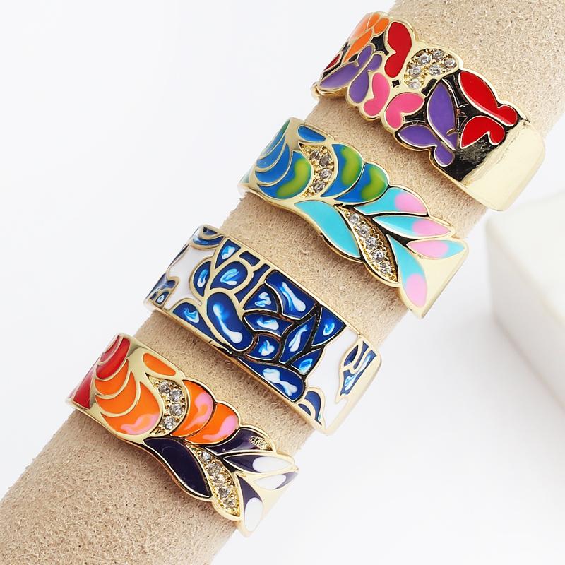 New Fashion Enamel Colorful Flower Rings For Women Adjustable Copper Gold Plated Wide Finger Band Ring Party Jewelry Gift
