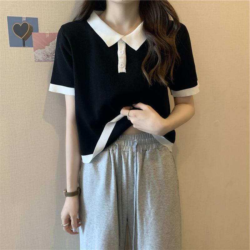 

Женская приталенная белая футболка-поло, корейский стиль, короткий рукав, издание лето 2025 XXL чёрный