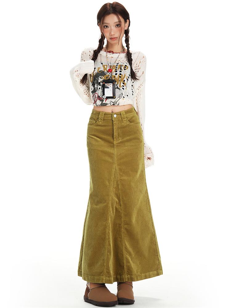 Retro Yellow High-Waisted Corduroy Midi Skirt - Spring 2026 Women s Mermaid Style M жёлтый