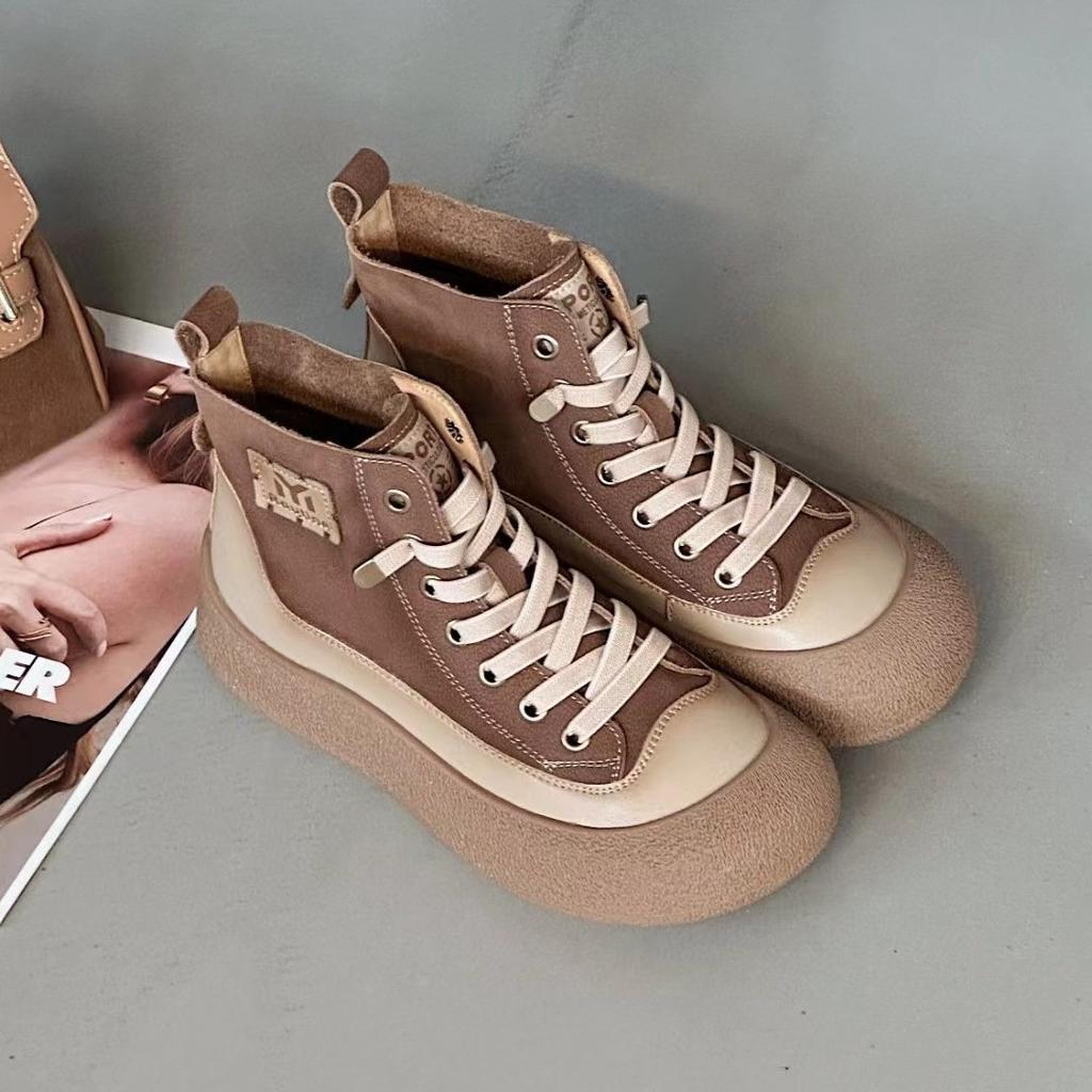 Spring New First-layer Cowhide Thick-soled Color Matching Retro One-pedal High-top Shoes Versatile Casual Sports Board Shoes
