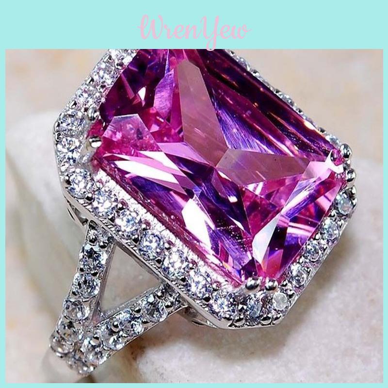 Elegant Pink Sapphire White Topaz Silver Plated Ring With Square Red Corundum