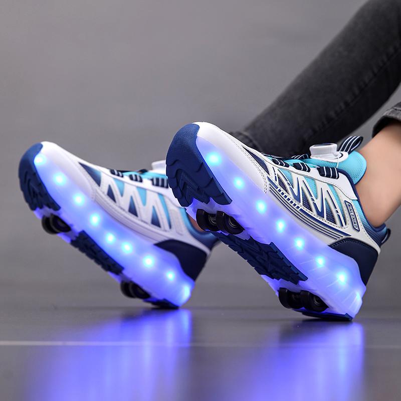 Four-wheel Running Shoes Detachable Flat Shoes Rechargeable USB Luminous Sports Light Shoes Girls Roller Skates Boys Shoes