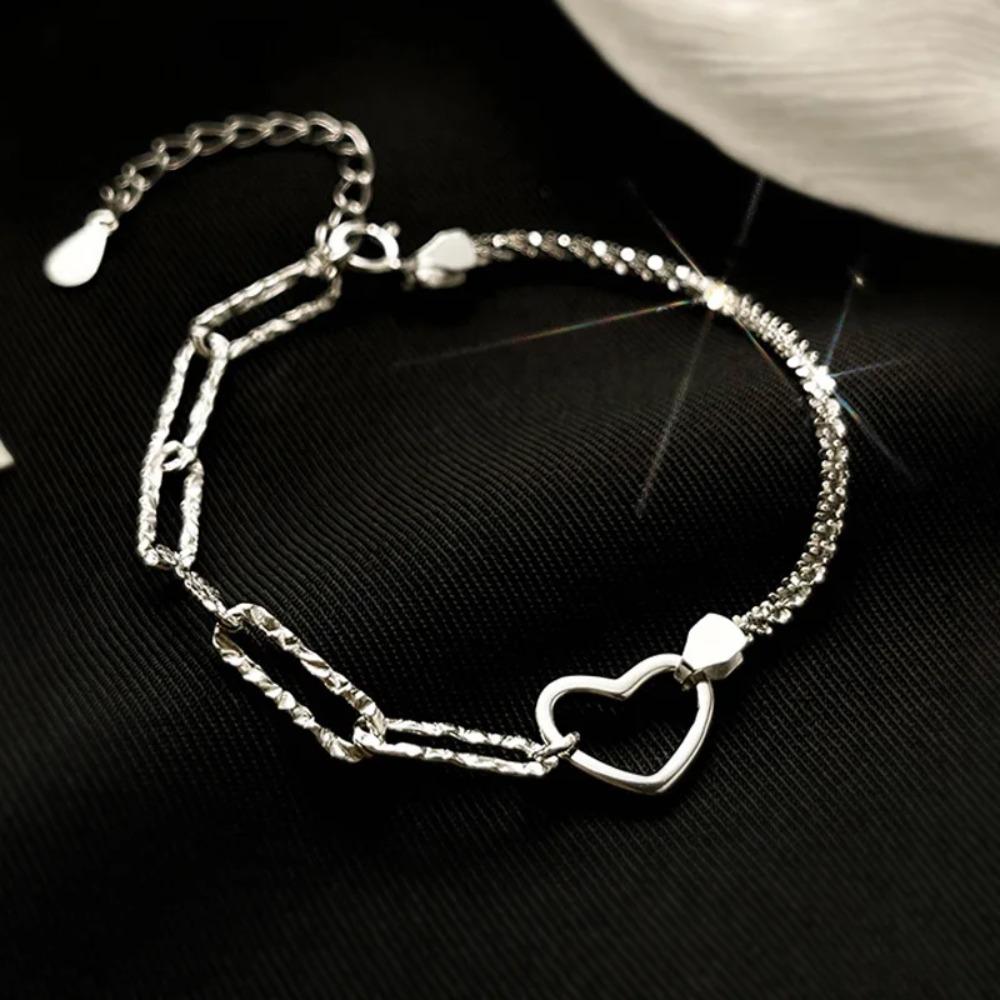 925 Silver Double Love Heart Hollow Beads Bracelet Adjustable Romantic Jewelry for Women Fashion Classic