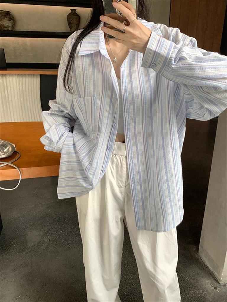 Women's Striped Polo Collar Long-Sleeved Sun Protection Shirt - Lightweight and Loose-Fitting for Summer