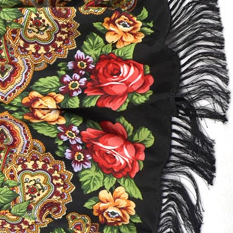 Flower Print Black Tassel Scarf Vintage Windproof Shawl Women Outdoor Windproof Head Wrap Boho Hijab Turban 170*65Cm