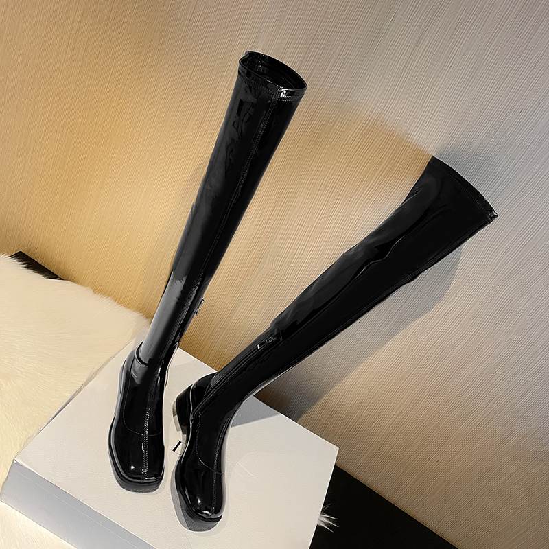 Krazing Pot Podzimní zimní boty z hovězí kůže Velikost 43 Silné nízké podpatky Stovepipe Strečové boty Dámské Teplé kozačky nad kolena