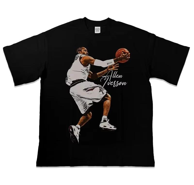 Summer Basketball Star Allen Iverson American Short Sleeves Tshirt Round Neck Loose Cotton Basketball Short Sleeve Streetwear