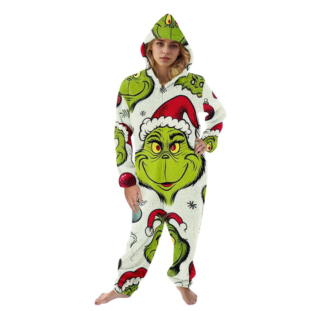 Christmas Print Family Matching Hooded Long Sleeved Zippered Jumpsuit Set