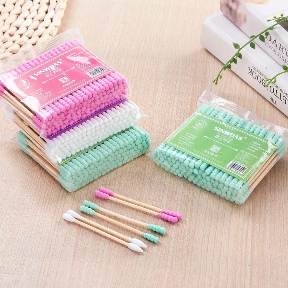 100 Pezzi/Confezione Bastoncini Cotton Fioc a Doppia Testa Rosa Bastoncini di Legno Puliti Cotton Fioc Monouso Casa