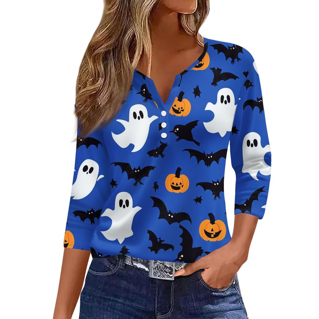 Women's Casual Fashion V-neck Loose Versatile Halloween Print Three-quarter Sleeve Top