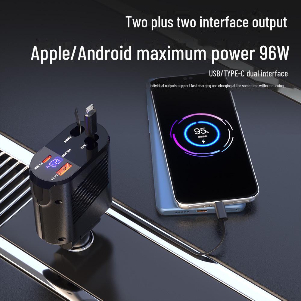 120W Alloy Retractable Car Charger - Four-in-One Super Fast Charging Cable