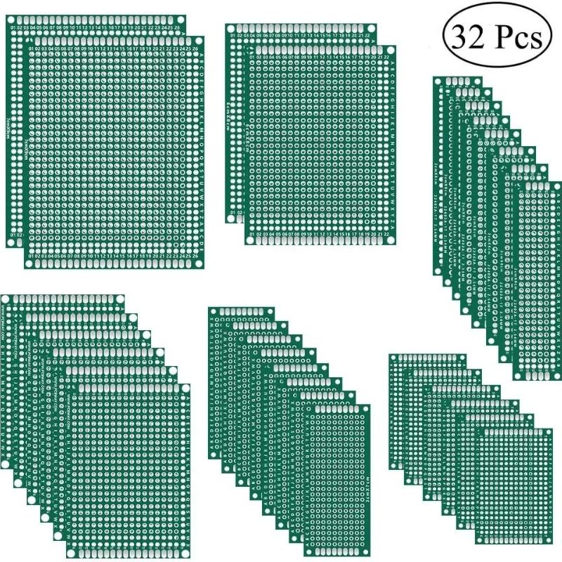 32 Pcs Double Sided PCB Board Prototype Kit 6 Sizes Universal Printed Circuit Protoboard For DIY Soldering Project
