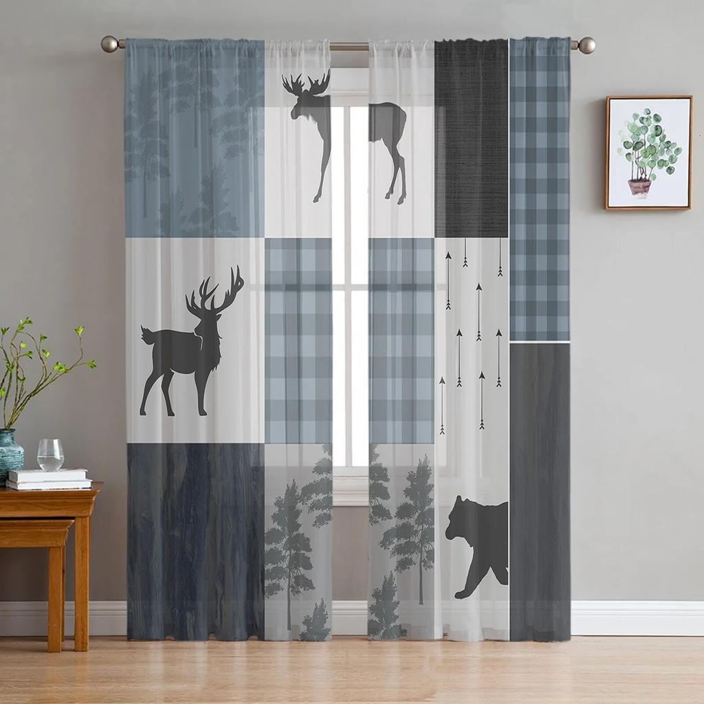 Reindeer Pine Tree Silhouette Tulle Curtains For Living Room Sheer Curtains For Bedroom Kitchen Window Curtain