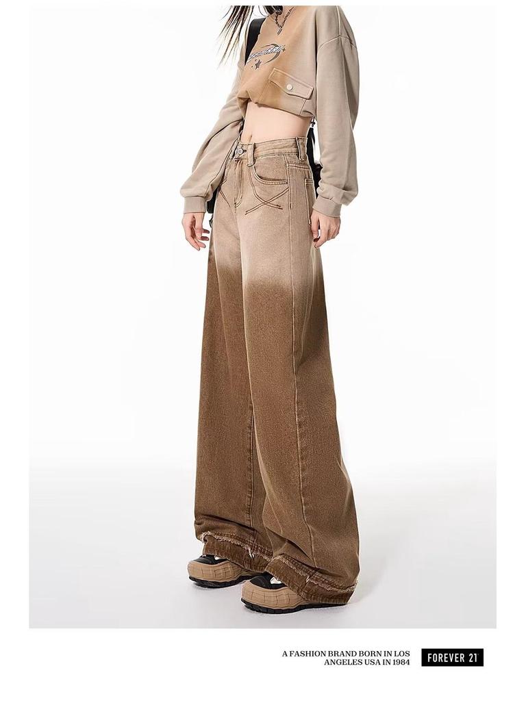Women's Gradient Brown High-Waisted Wide-Leg Jeans - Spring/Autumn 2024, Loose Slimming Straight-Leg Floor-Length Trousers