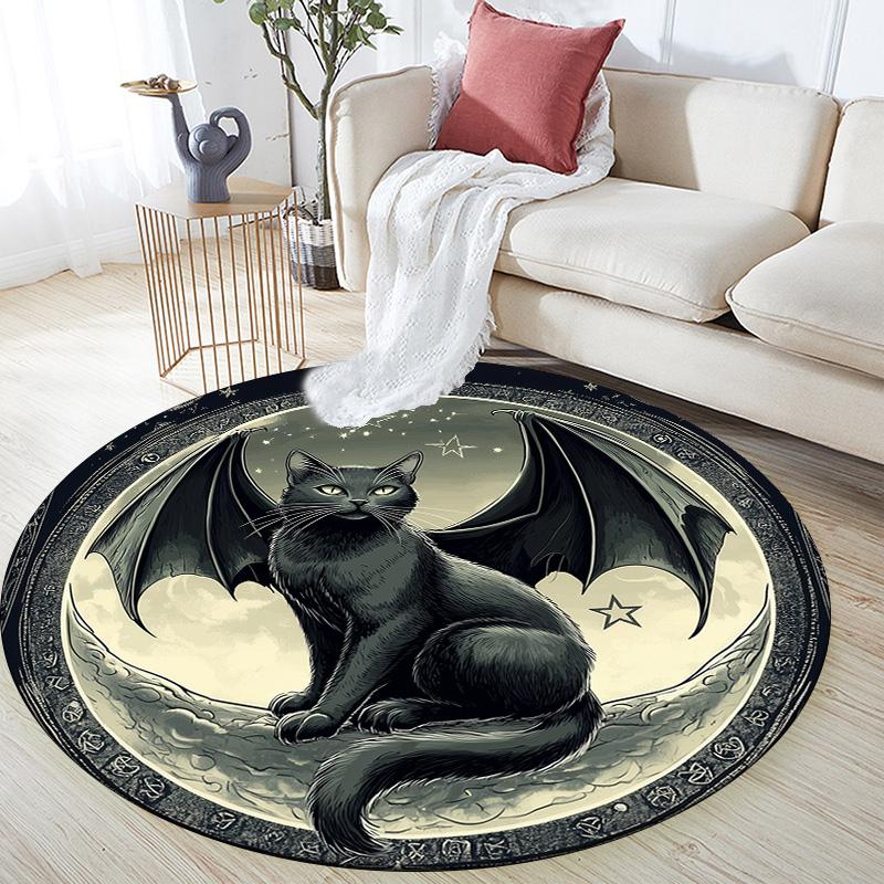 Winged Black Cat,Round Area Rug,Carpet Rug for Living Room Bedroom Sofa Playroom Decor,Non-slip Floor Mat