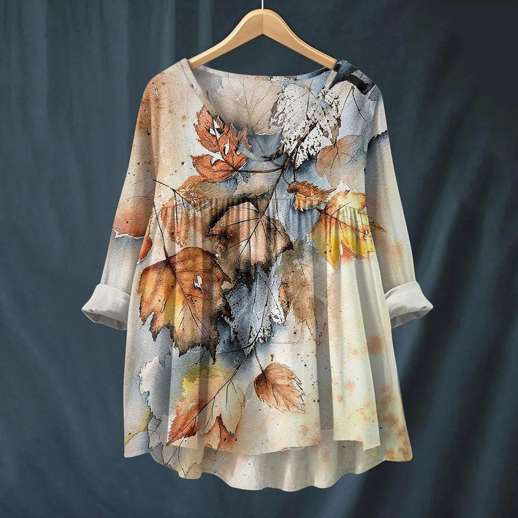 Damen Modisches Und Lässiges Hemd Langärmlig V-Ausschnitt Druck Baumwolle Und Leinen Bluse