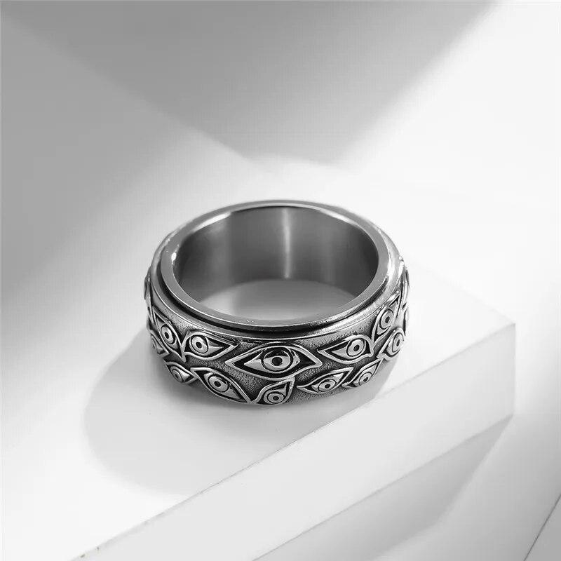 LETAPI Punk Vintage Geschnitzte Augen Ring für Männer Gold Silber Farbe Retro Edelstahl Drehbare Ring Finger Schmuck