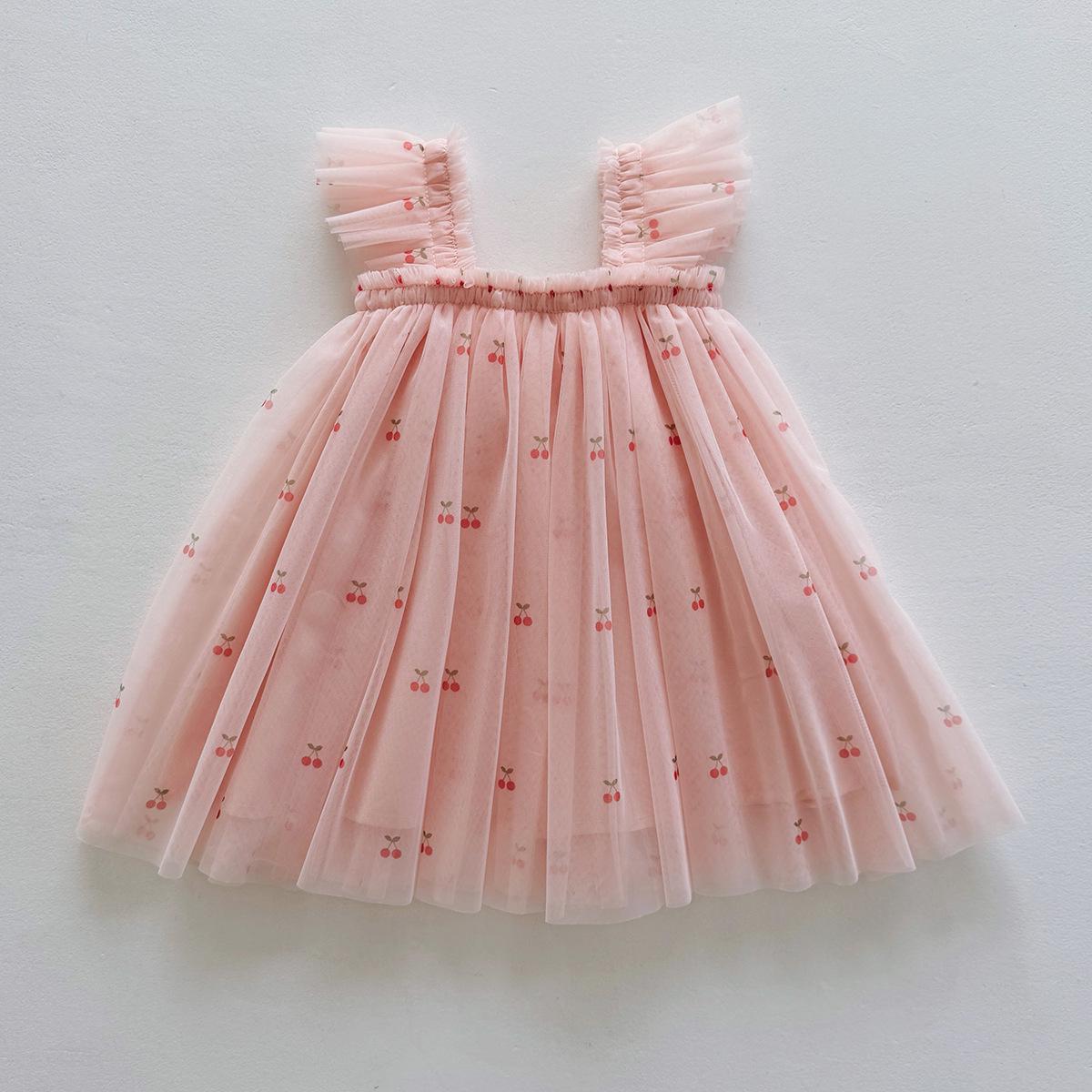 

Little Cherry Print Mesh Dress: Summer 2025 Puff Sleeve Princess Dress for Baby Girls 120 cm рожевий