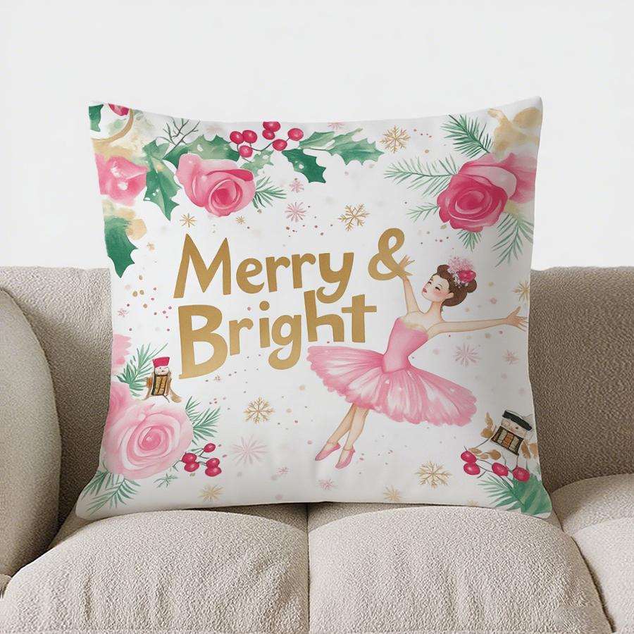 Home Decor Merry & Bright Ballet Girl Christmas Pillow Pattern Cushion Cover Suitable For Sofa Bedroom Car Pillow Cover