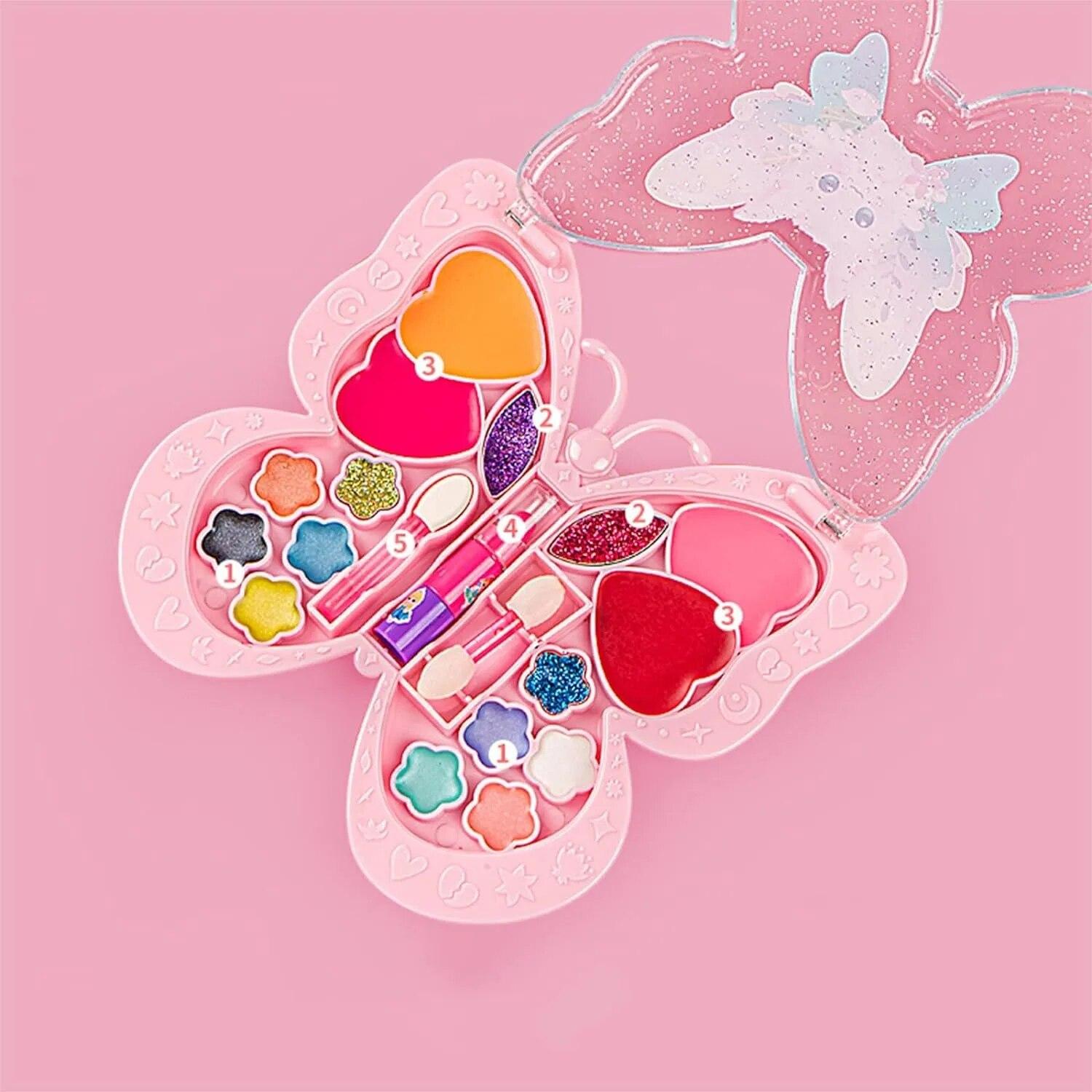 

Детский набор для макияжа для девочек, коробочка для макияжа принцессы с бабочками, моющиеся, безопасные, нетоксичные косметические наборы для макияжа для детей, девочек розовый