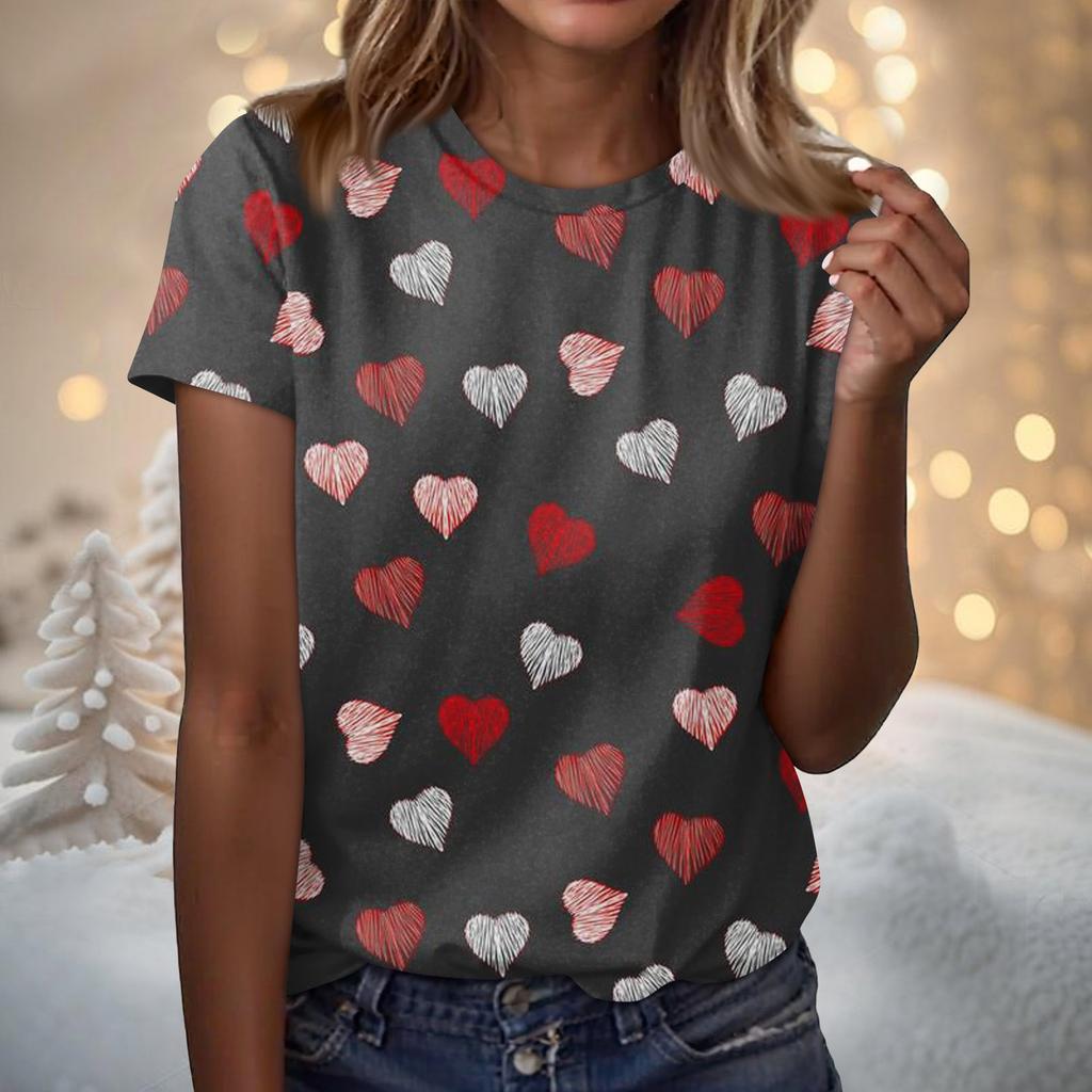 Women's Fashion Casual Short Sleeve Valentine's Day Printed Round Neck T-Shirt Top