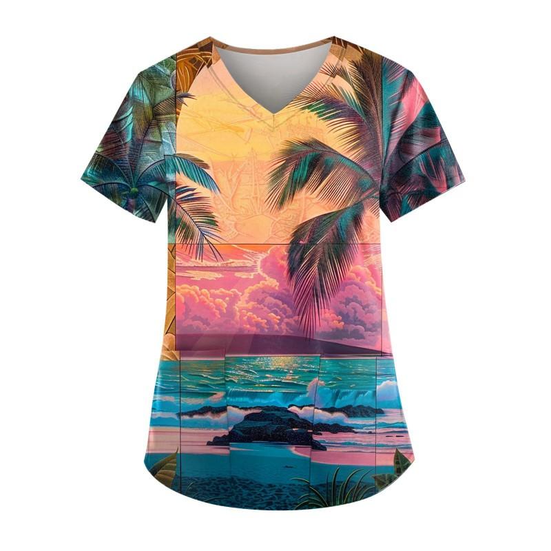 V-Neck Short Sleeve Nursing Scrub Top Women Fashionable Casual Workwear With 3D Print Design Slim Fit 2025 Collection