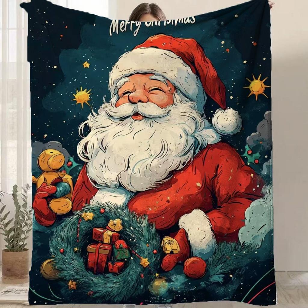 Cartoon Santa Claus Printed Blanket for Sofa Bed Travel Camping Living Room Office Conditioning Blanket for All Seasons Gifts