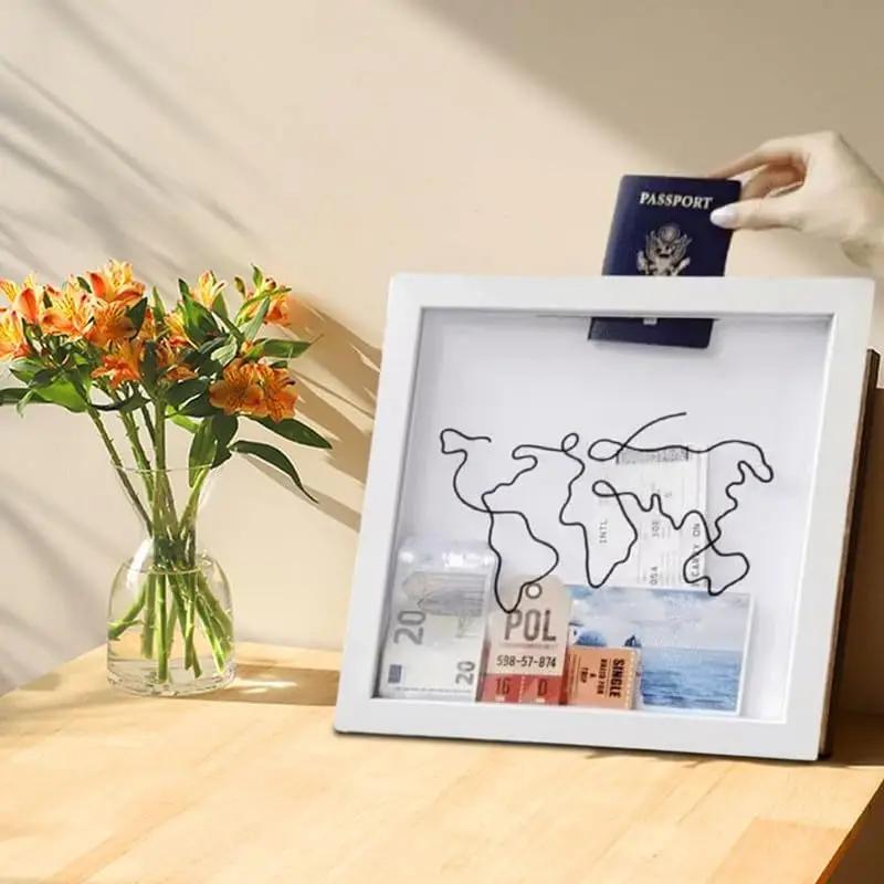 2PCS Adventure Archive Boxes Map Box Photo Frame Hanging Travelling Memorial Box Ticket Stamp Shadow Box Photo Frame Memory Box