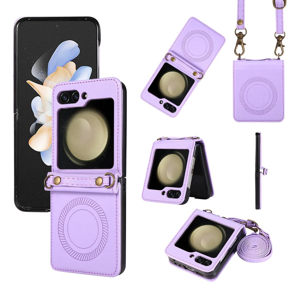 Applicable To Samsung Z Flip6 Mobile Phone Case Zflip5 Solid Color New Magnetic Suction Leather Case Diagonal Straddle Rope Mobile Phone Case
