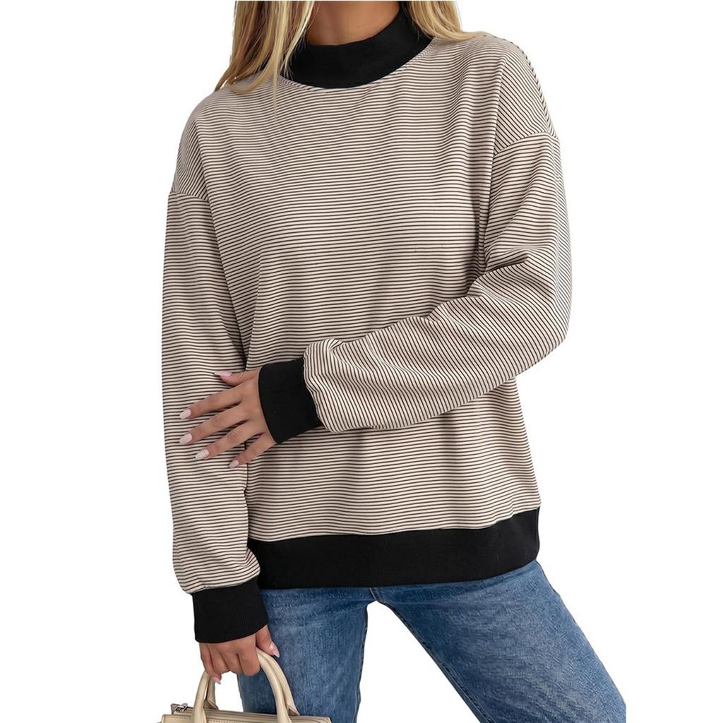 Women's Fashion Casual Striped Long Sleeve Neck Loose Fit Pullover Sweatshirt