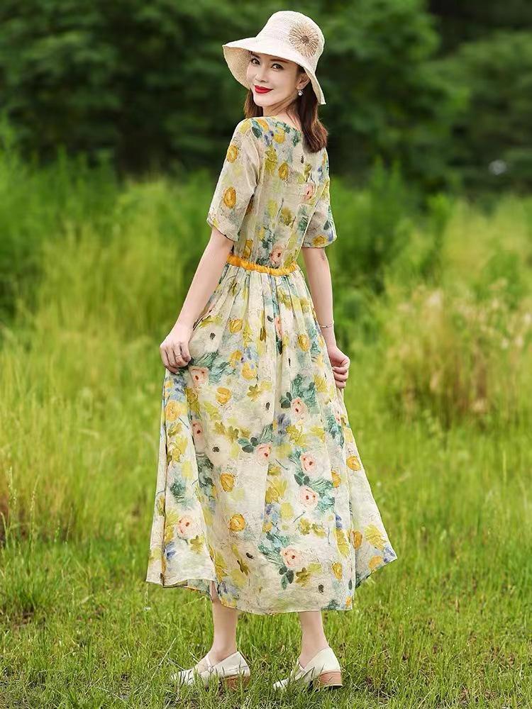 2026 Floral Summer Dress: Beach Style, Short Sleeve, Loose Fit, Cinched Waist, Plus Size.