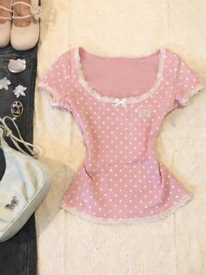 T-shirt Amincissant Vintage Rose à Pois et Dentelle - Manches Courtes, Style Coréen