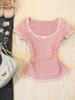 Vintage Pink Lace Polka Dot Slimming T-Shirt - Short-Sleeved, Korean-Style