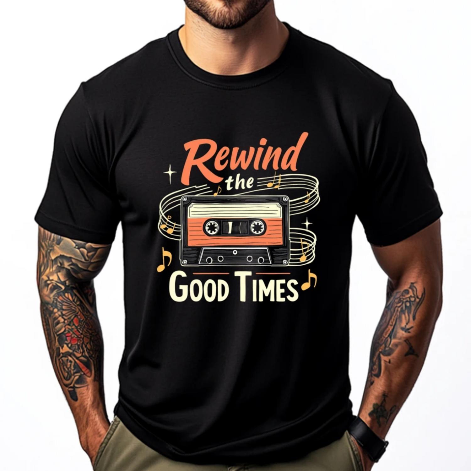 

Rewind The Good Times Cassette Tape Black Shirt Graphic Tees Men s T-Shirts Character S чёрный