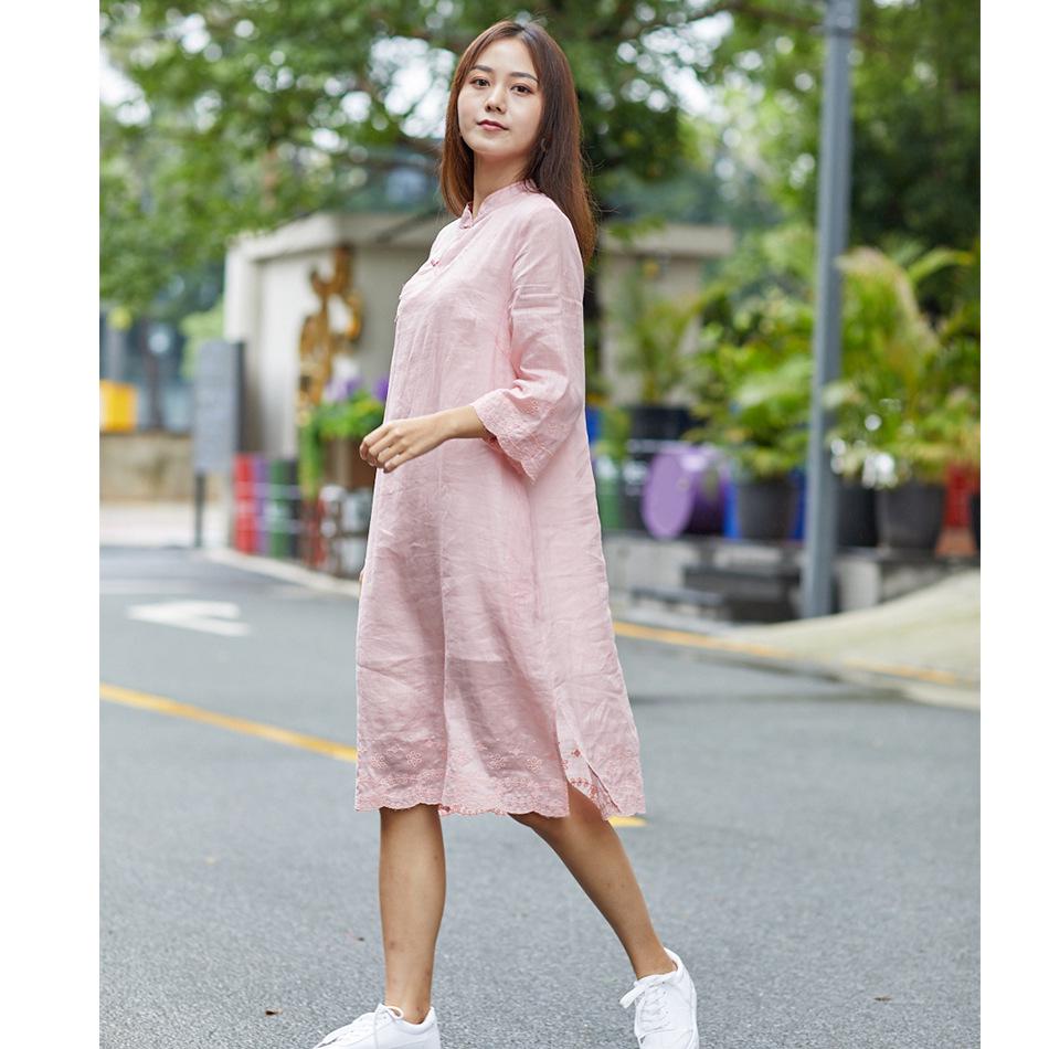 2020 Summer Women's Soft Pink Lotus Sleeve Cotton Linen Embroidery Dress