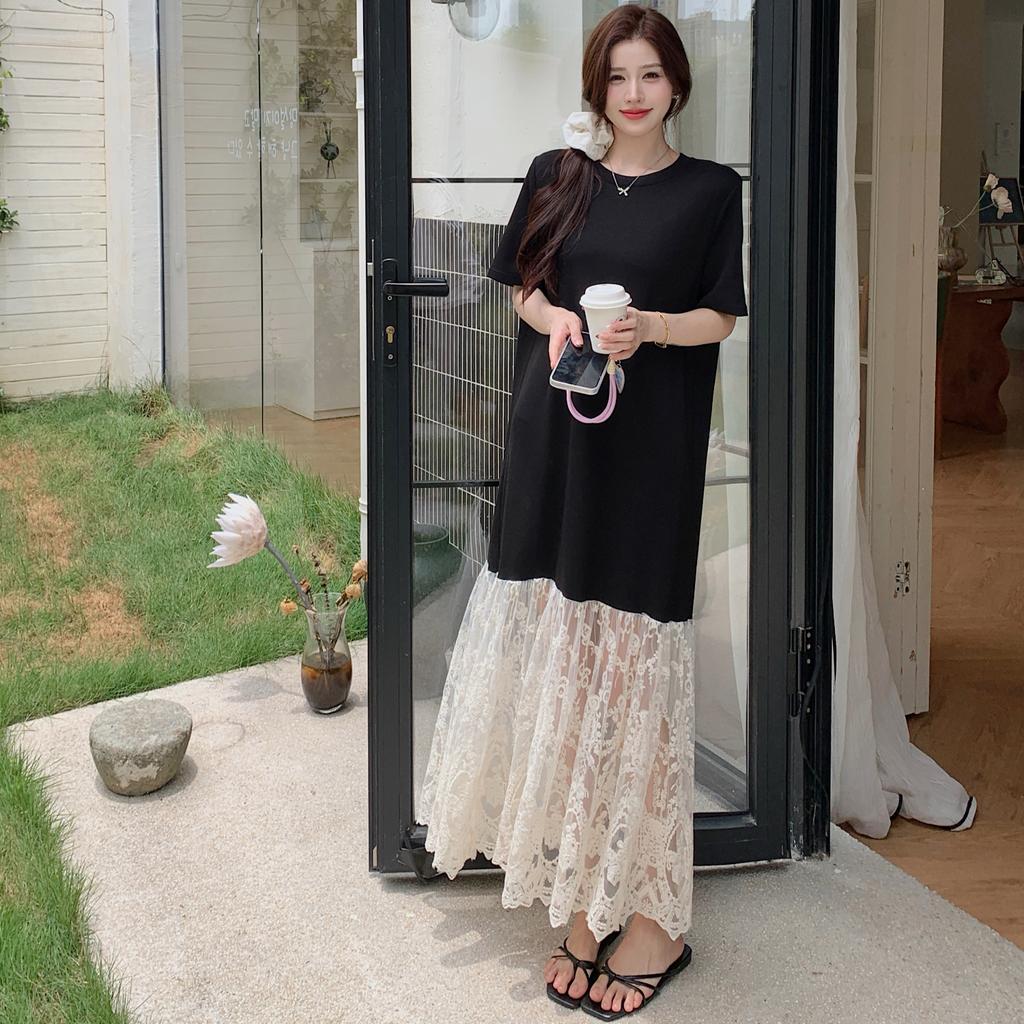 Dimanaf Vestido de verano de talla grande para mujer, holgado, vintage, informal, básico, de gran tamaño, con encaje empalmado, largo, 2025