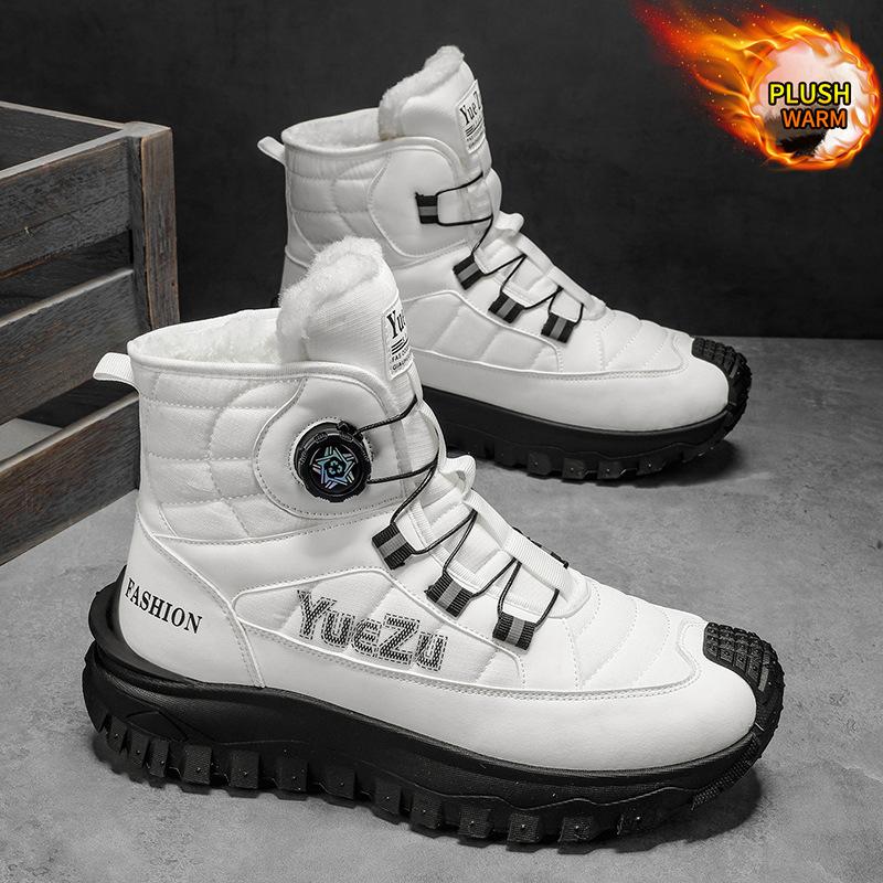 Winter new outdoor leisure cold-proof velvet thickened high-top cotton shoes rotating button trend versatile large size men's shoes