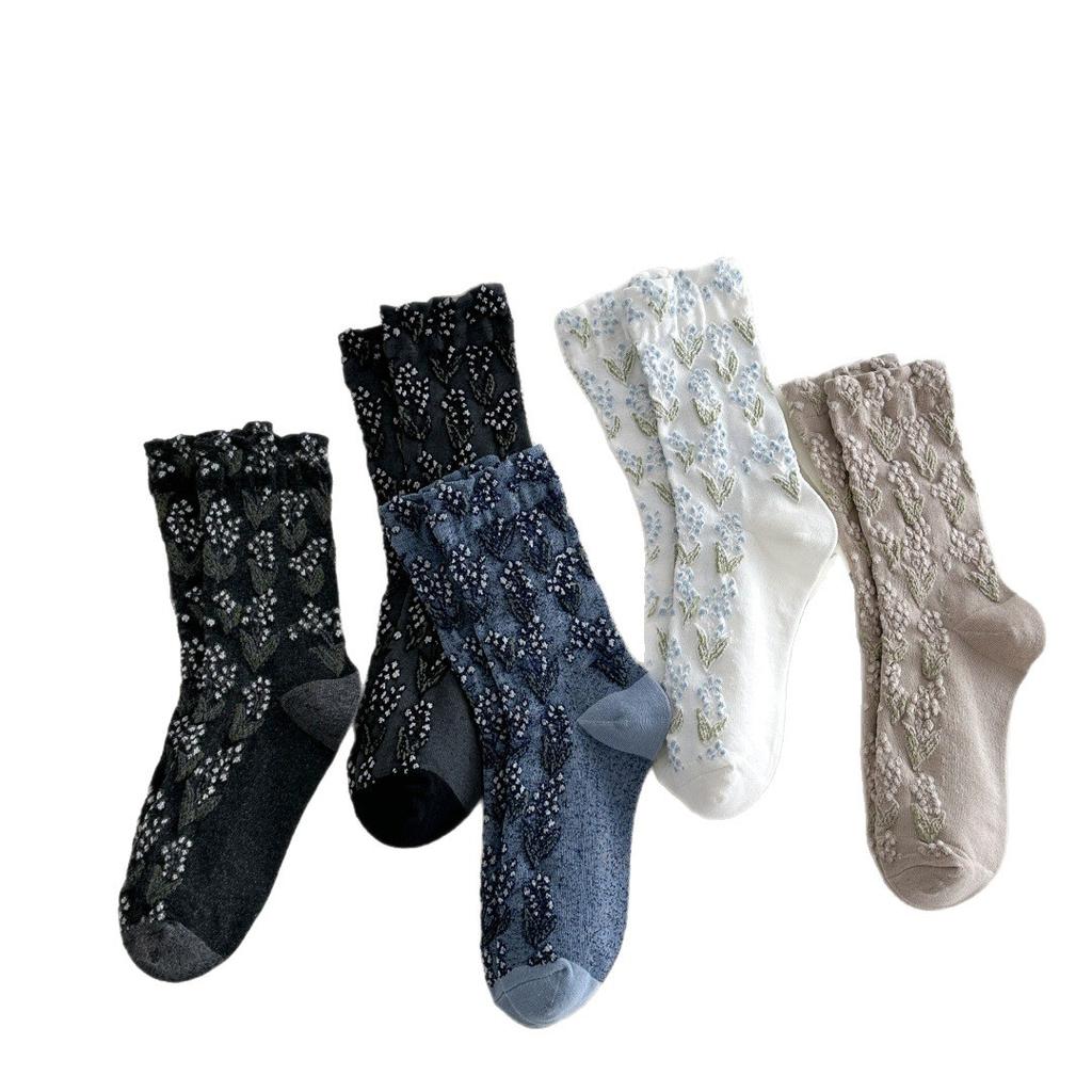Autumn And Winter Retro Wide-Mouth Relief Socks Cotton Mid-Leg Women'S Socks Women'S Japanese Ethnic Style Floral Stockings Literary And Artistic