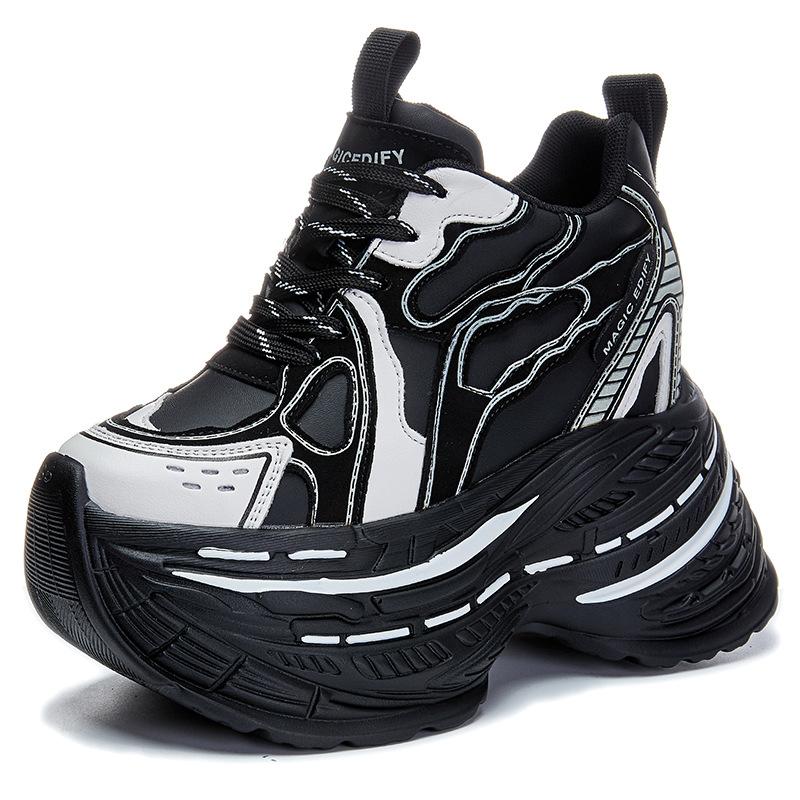 

12СМ Натуральная Кожа Массивные Кроссовки Женские Вулканизированные Ботинки Весенняя Обувь Ботильоны Осенние Папины кроссовки платформа леди 39 чёрный