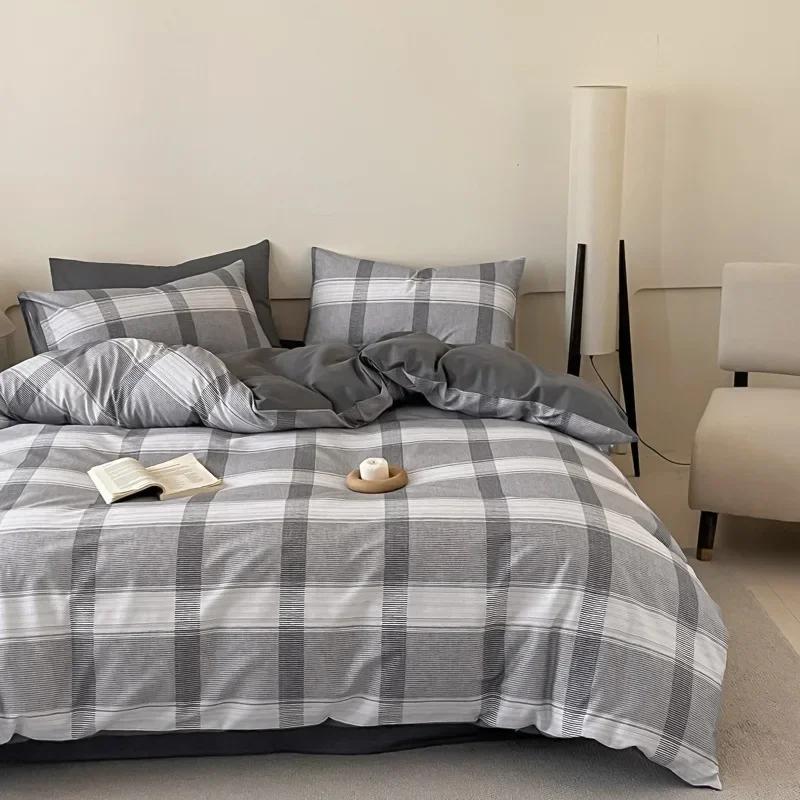 High Quality Grid Printed Flat Sheet Bedding Sets Light Luxury Cotton Soft Quilt Cover Single Double Bed Comfort Set for Adults