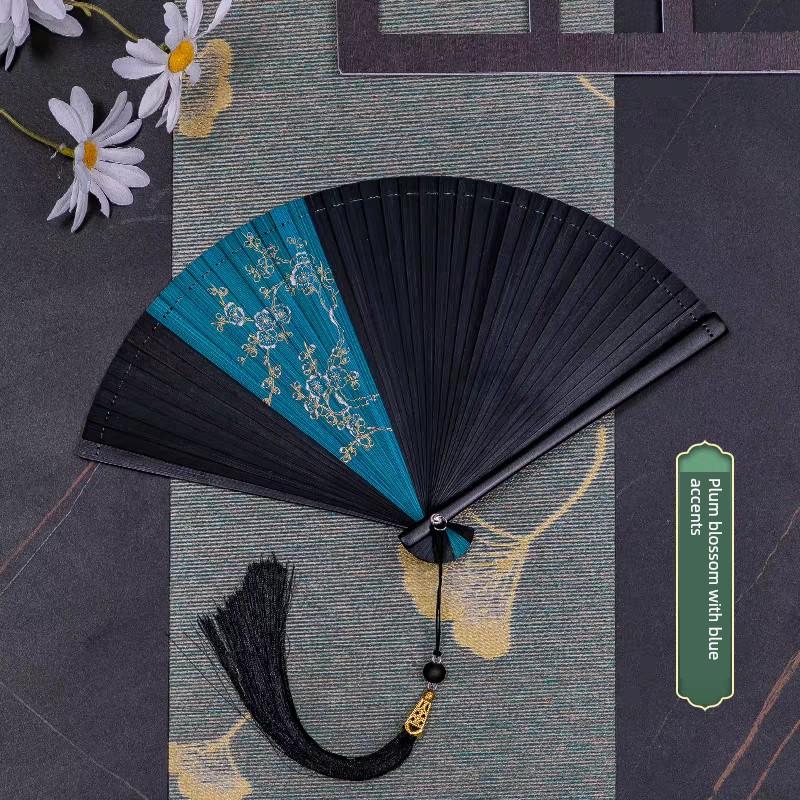 Chinese Style All-Bamboo Classical Fan for Women, Japanese-Style Ancient Classical Black Folding Fan, Bamboo Fan for Hanfu Dance, Portable and Easy
