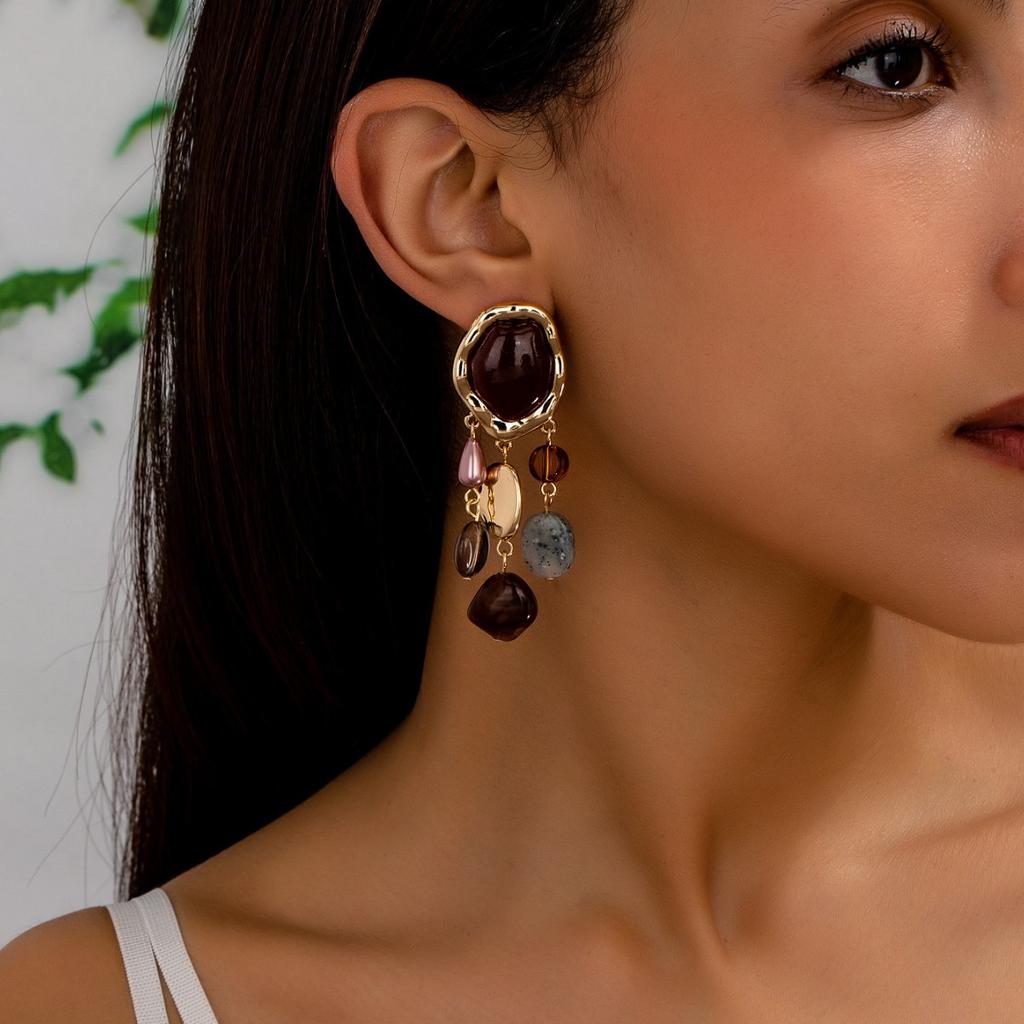 Bohemian Ethnic Tassel Pendant Earrings for Women Vintage Geometric Resin Simulated Gemstone Dangle Earrings Female Gifts