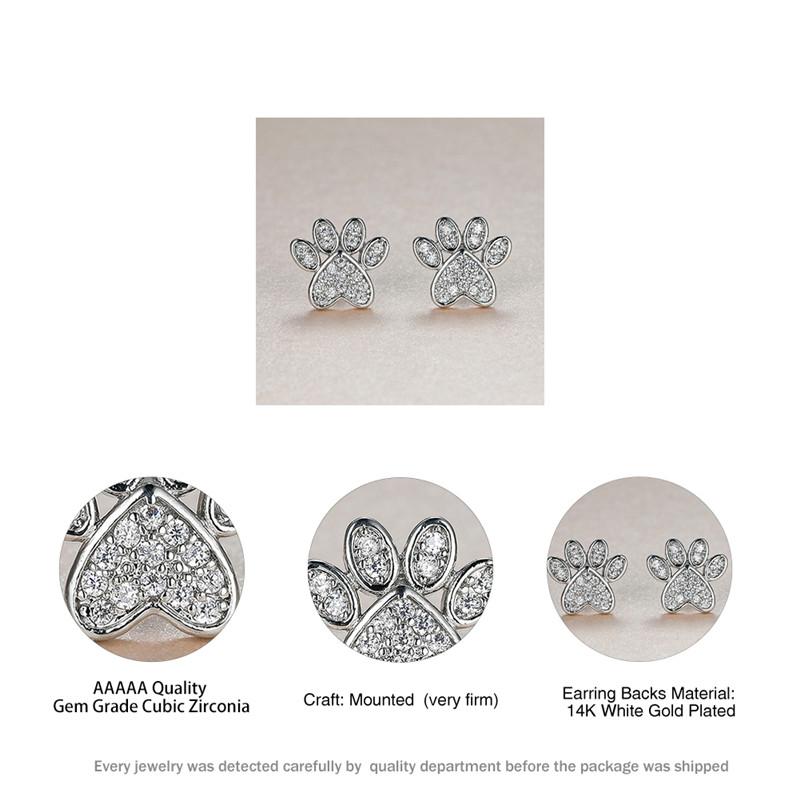 Cute Heart Cat Paw White Zircon Stud Earrings For Women Vintage Fashion Animal Footprint Crystal Stone Earrings Wedding Jewelry