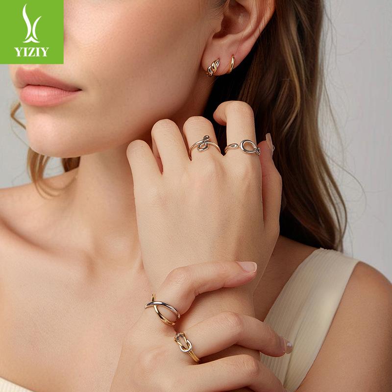 S925 Sterling Silver Two-Color Metallic Texture Earrings, Ring Collection, Light Luxury High-End Line Earrings.