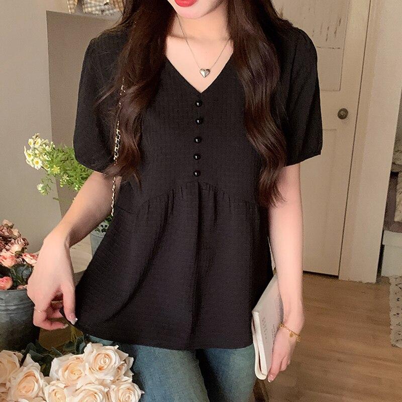 Korean Fashion Summer V Neck Blouse Women 2023 Sweet Short Sleeve Tops Elegant White Pleated Casual Loose Ruffles Shirts 26954