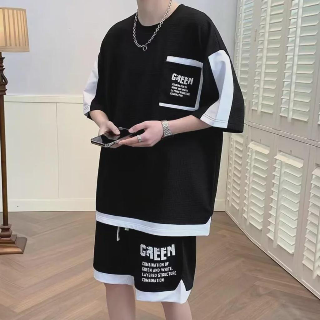 Trendy Korean Hip-Hop Men's Summer Waffle Print Five-Point Sleeve Top