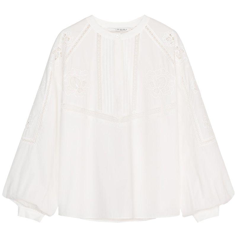 

Zaprha New round Neck Long Sleeve Loose Top French Vertical Lace Trim Embroider Decorative Shirt for Women 4786058 White L