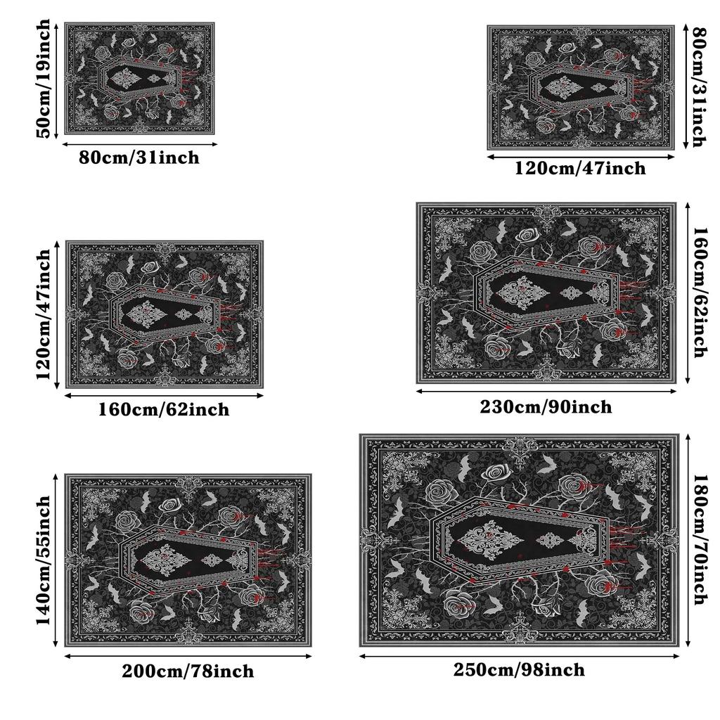 Gothic Coffin Rose Bat Area Rug Vintage Blood Floral Print Non‑Slip Large Floor Mat for Halloween Spooky Living Room Home Decor